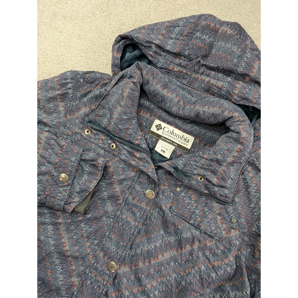 Columbia Omni-Tech Women XL Jacket Waterproof Zigzag Print Hooded Ski Coat Blue